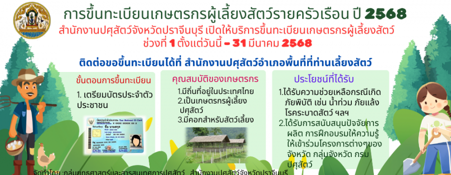 การขึ้นทะเบียนเกษตรกรผู้เลี้ยงสัตว์รายครัวเรือน ปี 2568